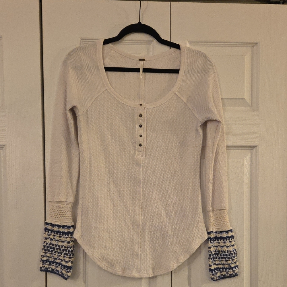 Free People Cream and Blue Long Sleeve Top